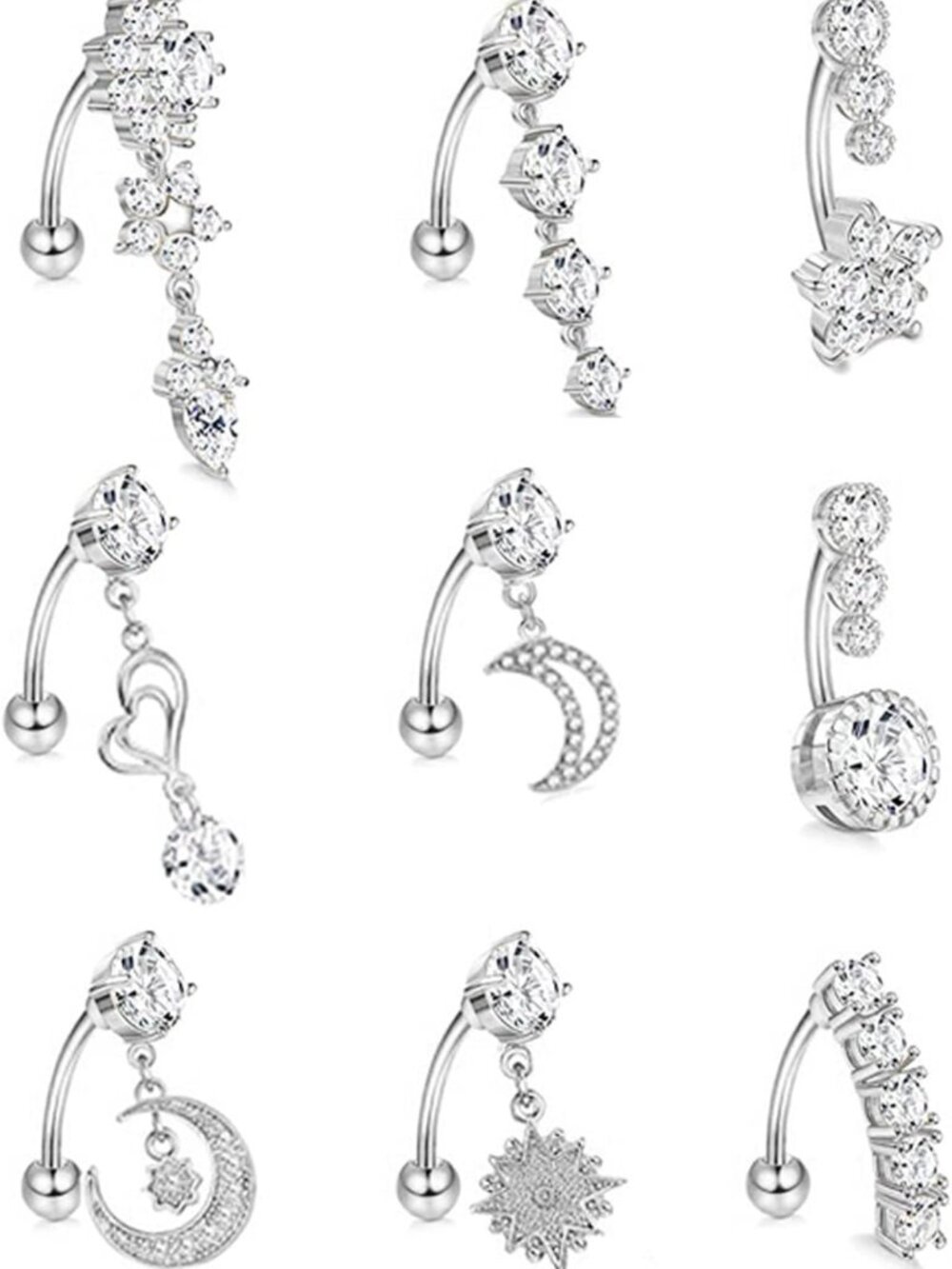 14G Stainless Steel Dangle Belly Rings - 9Pcs Curved Barbell Body Jewelry for